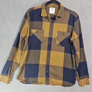 Levis Womens Flannel Plaid Button Up Shirt Size Medium Long Sleeve Brown Yellow